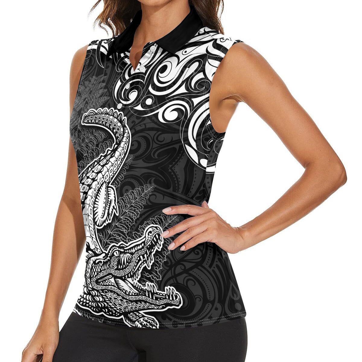 New Zealand Crocodile Tattoo and Fern Women Sleeveless Polo Shirt Maori Pattern