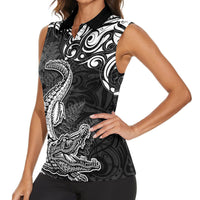 New Zealand Crocodile Tattoo and Fern Women Sleeveless Polo Shirt Maori Pattern