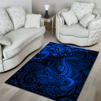 New Zealand Crocodile Tattoo and Fern Area Rug Maori Pattern Blue Color