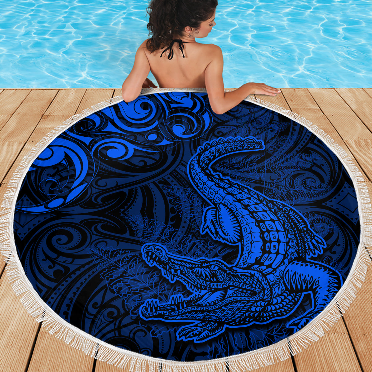 New Zealand Crocodile Tattoo and Fern Beach Blanket Maori Pattern Blue Color