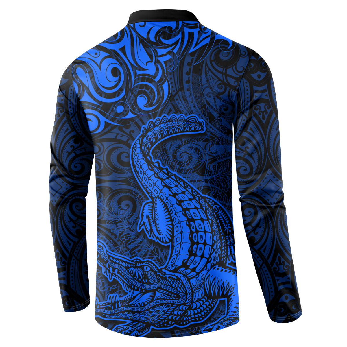 New Zealand Crocodile Tattoo and Fern Button Sweatshirt Maori Pattern Blue Color