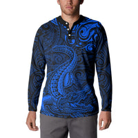 New Zealand Crocodile Tattoo and Fern Button Sweatshirt Maori Pattern Blue Color