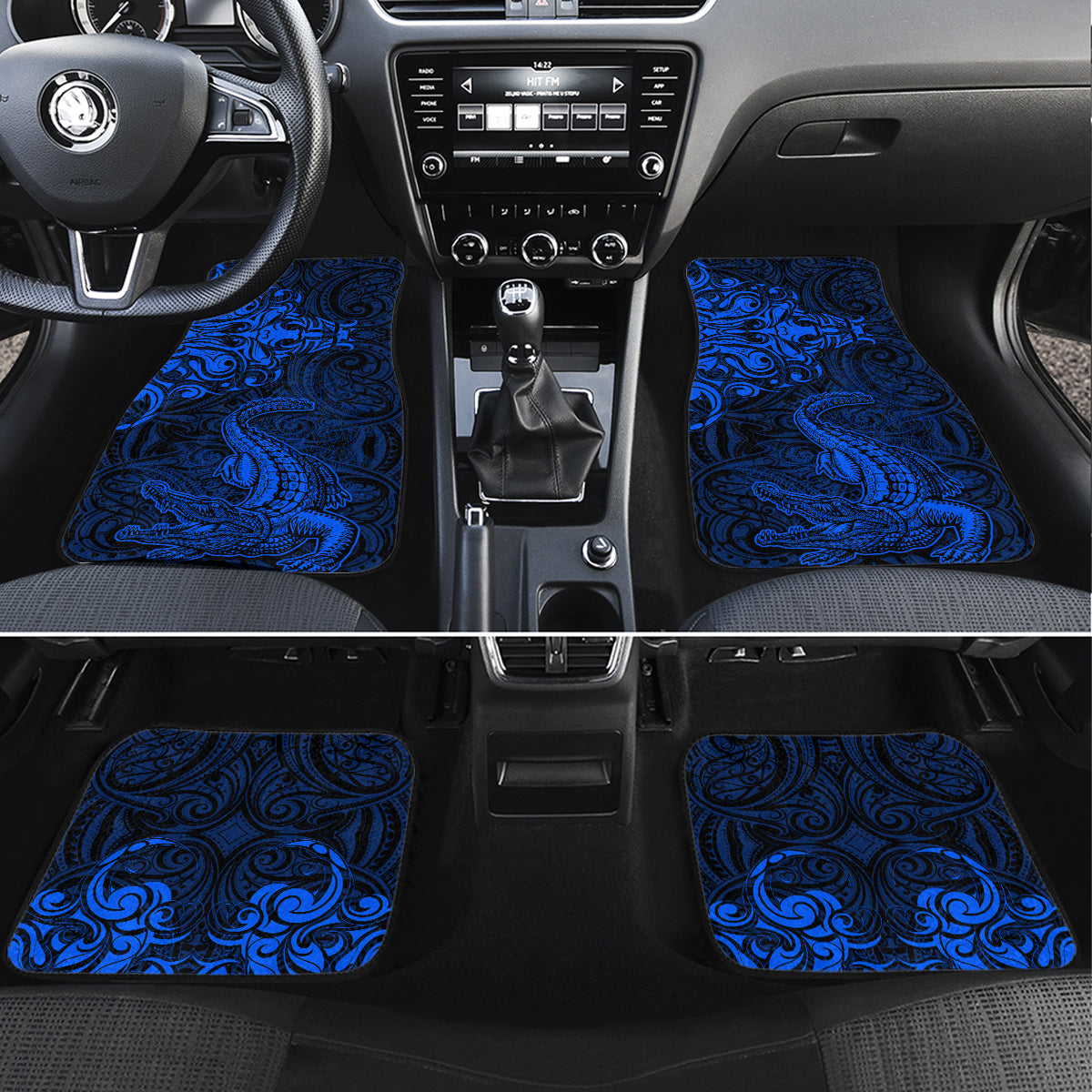 New Zealand Crocodile Tattoo and Fern Car Mats Maori Pattern Blue Color