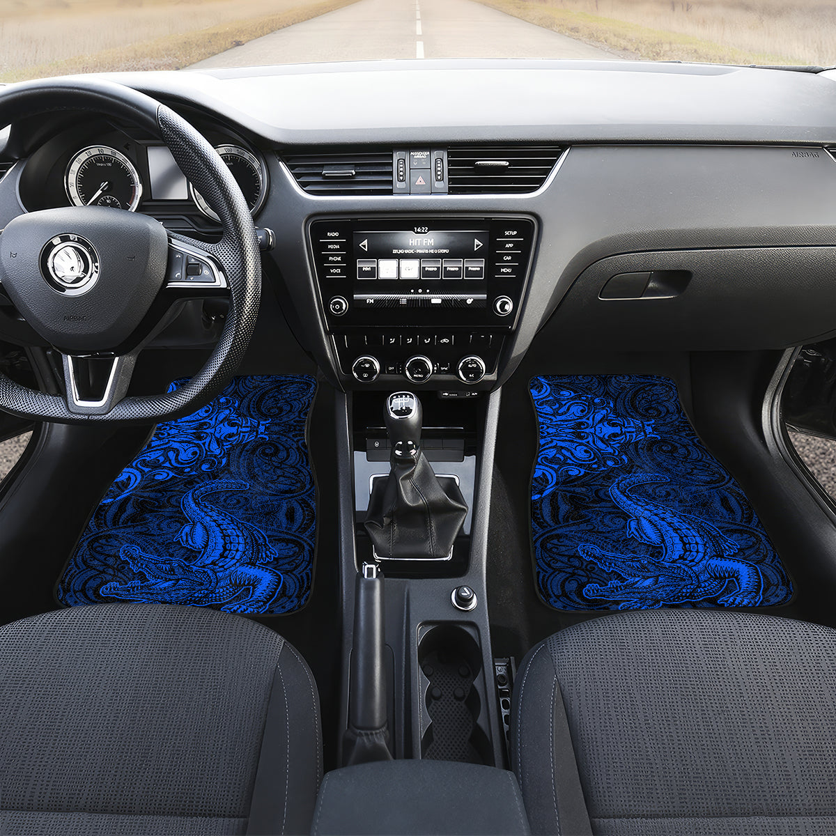 New Zealand Crocodile Tattoo and Fern Car Mats Maori Pattern Blue Color LT03 Set 2pcs - Front Blue - Polynesian Pride