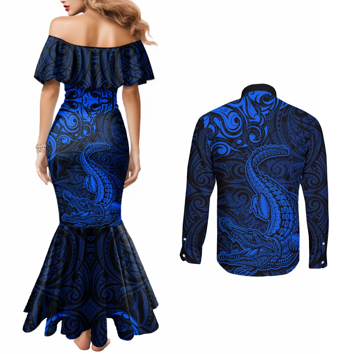 New Zealand Crocodile Tattoo and Fern Couples Matching Mermaid Dress and Long Sleeve Button Shirt Maori Pattern Blue Color