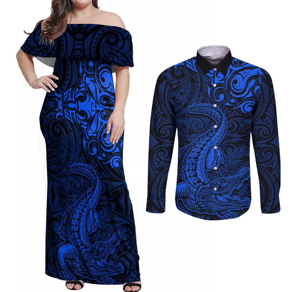 New Zealand Crocodile Tattoo and Fern Couples Matching Off Shoulder Maxi Dress and Long Sleeve Button Shirt Maori Pattern Blue Color