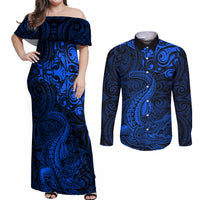 New Zealand Crocodile Tattoo and Fern Couples Matching Off Shoulder Maxi Dress and Long Sleeve Button Shirt Maori Pattern Blue Color