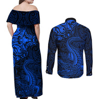 New Zealand Crocodile Tattoo and Fern Couples Matching Off Shoulder Maxi Dress and Long Sleeve Button Shirt Maori Pattern Blue Color
