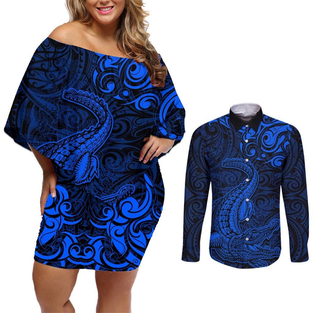 New Zealand Crocodile Tattoo and Fern Couples Matching Off Shoulder Short Dress and Long Sleeve Button Shirt Maori Pattern Blue Color