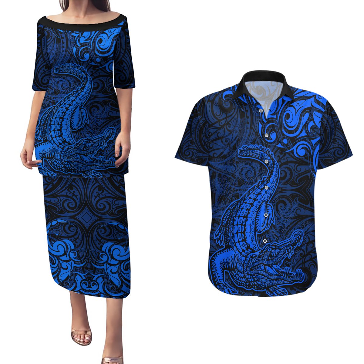 New Zealand Crocodile Tattoo and Fern Couples Matching Puletasi and Hawaiian Shirt Maori Pattern Blue Color