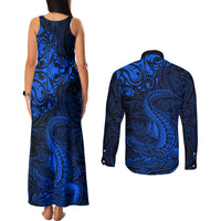 New Zealand Crocodile Tattoo and Fern Couples Matching Tank Maxi Dress and Long Sleeve Button Shirt Maori Pattern Blue Color