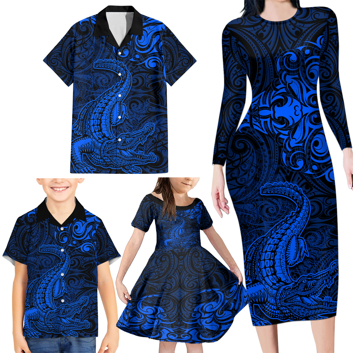 New Zealand Crocodile Tattoo and Fern Family Matching Long Sleeve Bodycon Dress and Hawaiian Shirt Maori Pattern Blue Color LT03 - Polynesian Pride