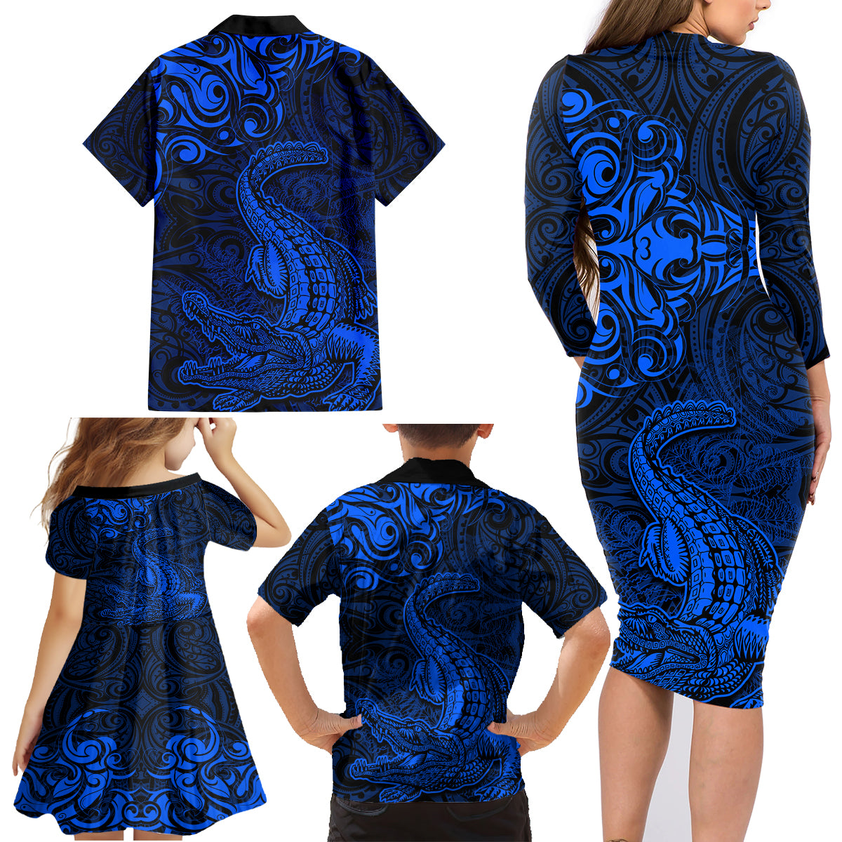 New Zealand Crocodile Tattoo and Fern Family Matching Long Sleeve Bodycon Dress and Hawaiian Shirt Maori Pattern Blue Color LT03 - Polynesian Pride
