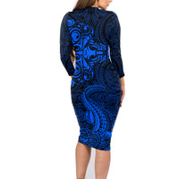 New Zealand Crocodile Tattoo and Fern Family Matching Long Sleeve Bodycon Dress and Hawaiian Shirt Maori Pattern Blue Color LT03 - Polynesian Pride