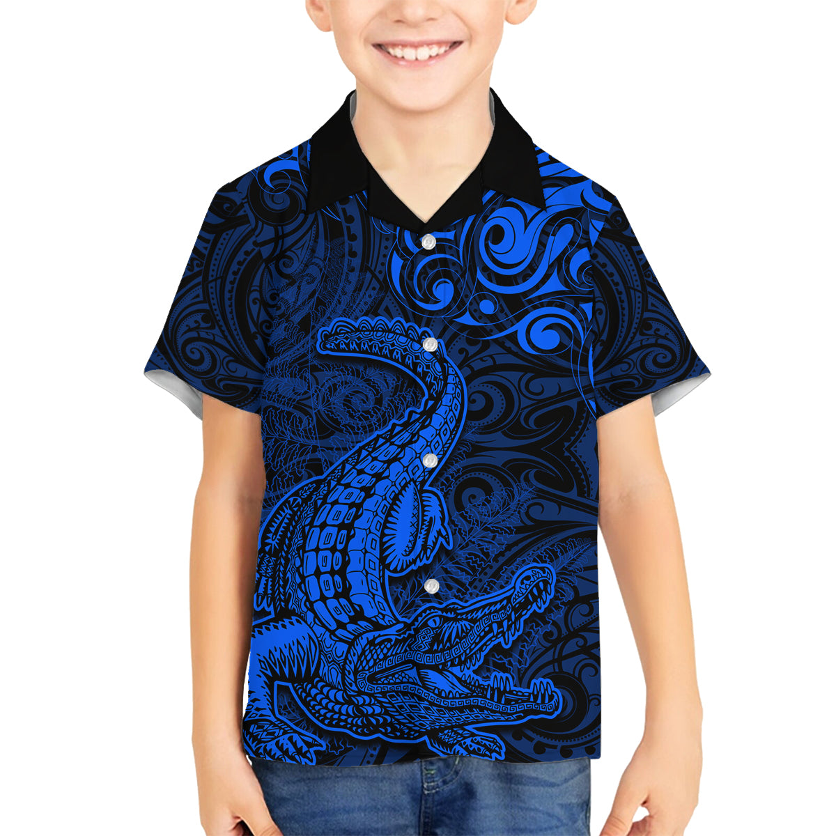 New Zealand Crocodile Tattoo and Fern Family Matching Long Sleeve Bodycon Dress and Hawaiian Shirt Maori Pattern Blue Color LT03 Son's Shirt Blue - Polynesian Pride