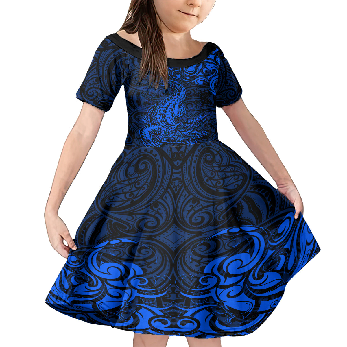 New Zealand Crocodile Tattoo and Fern Family Matching Mermaid Dress and Hawaiian Shirt Maori Pattern Blue Color LT03 Daughter's Dress Blue - Polynesian Pride