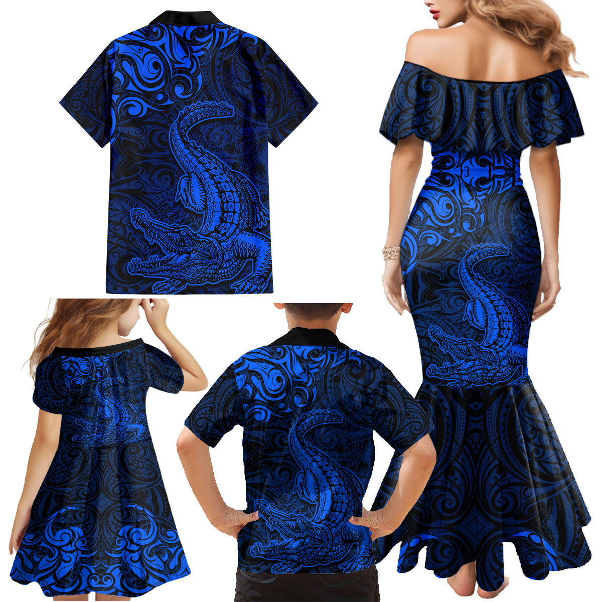 New Zealand Crocodile Tattoo and Fern Family Matching Mermaid Dress and Hawaiian Shirt Maori Pattern Blue Color LT03 - Polynesian Pride