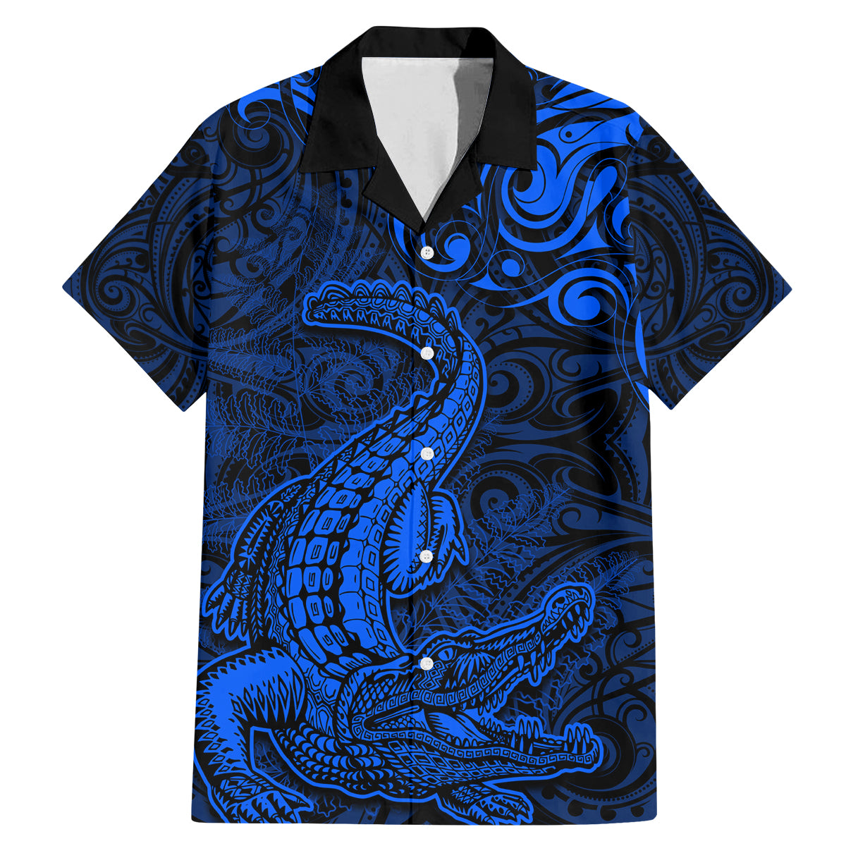 New Zealand Crocodile Tattoo and Fern Family Matching Mermaid Dress and Hawaiian Shirt Maori Pattern Blue Color LT03 Dad's Shirt - Short Sleeve Blue - Polynesian Pride