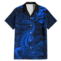 New Zealand Crocodile Tattoo and Fern Family Matching Mermaid Dress and Hawaiian Shirt Maori Pattern Blue Color LT03 Dad's Shirt - Short Sleeve Blue - Polynesian Pride
