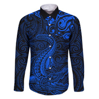 New Zealand Crocodile Tattoo and Fern Family Matching Mermaid Dress and Hawaiian Shirt Maori Pattern Blue Color LT03 Dad's Shirt - Long Sleeve Blue - Polynesian Pride