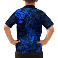 New Zealand Crocodile Tattoo and Fern Family Matching Off Shoulder Maxi Dress and Hawaiian Shirt Maori Pattern Blue Color LT03 - Polynesian Pride