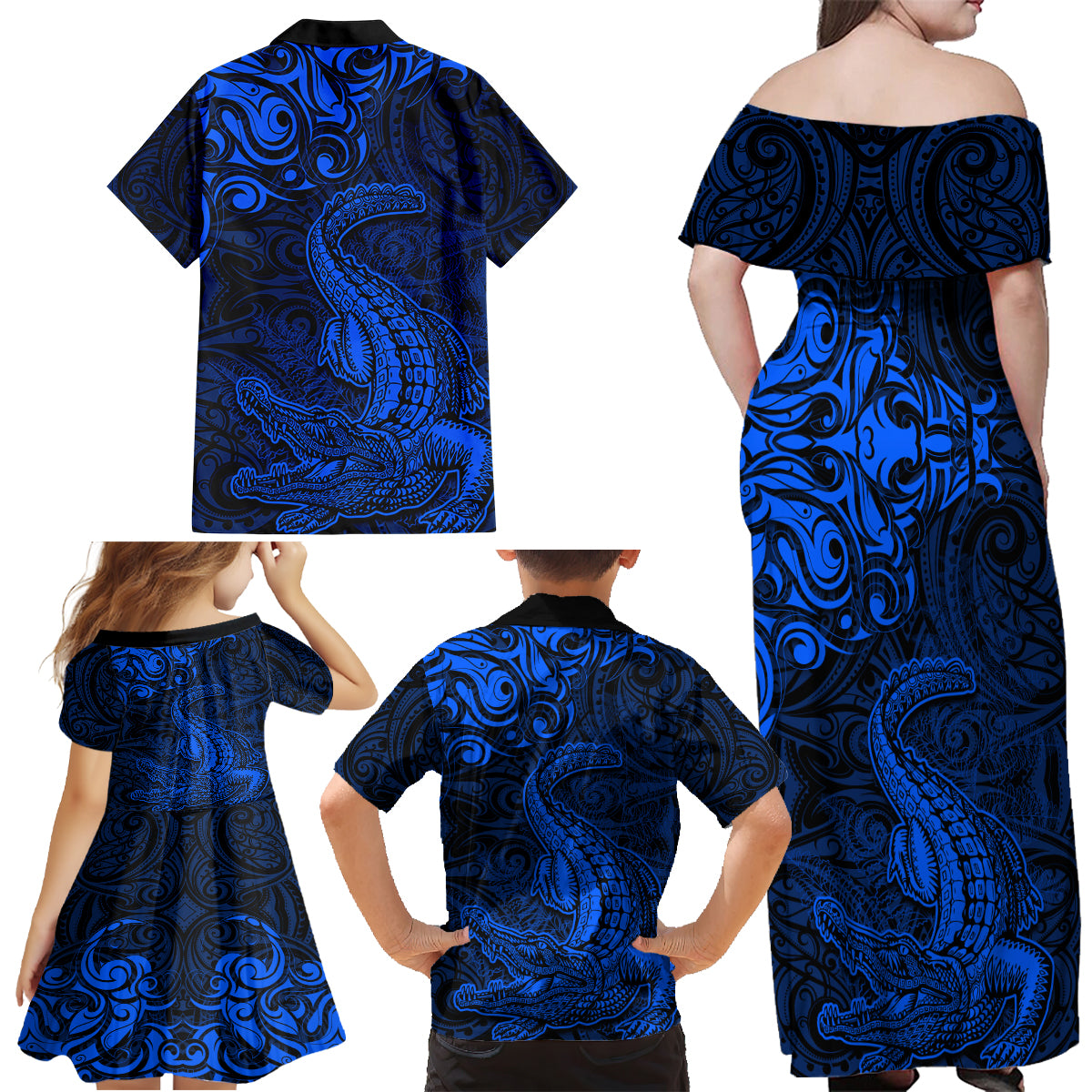 New Zealand Crocodile Tattoo and Fern Family Matching Off Shoulder Maxi Dress and Hawaiian Shirt Maori Pattern Blue Color LT03 - Polynesian Pride