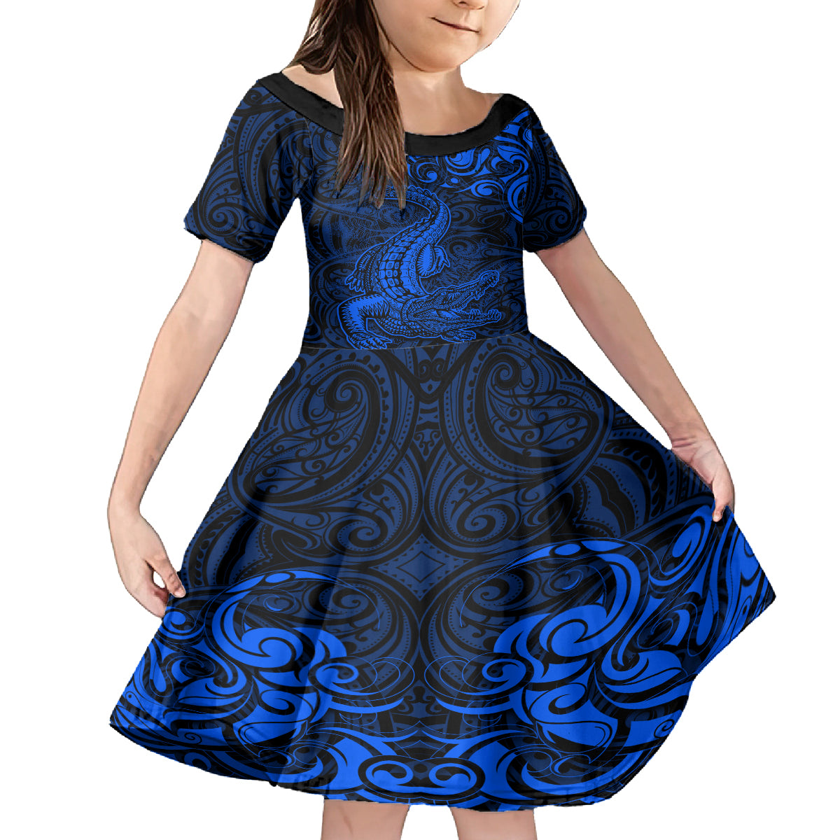 New Zealand Crocodile Tattoo and Fern Family Matching Off Shoulder Short Dress and Hawaiian Shirt Maori Pattern Blue Color LT03 Daughter's Dress Blue - Polynesian Pride