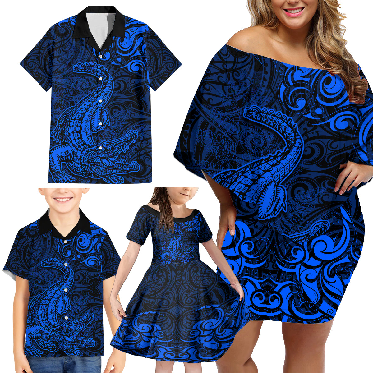 New Zealand Crocodile Tattoo and Fern Family Matching Off Shoulder Short Dress and Hawaiian Shirt Maori Pattern Blue Color LT03 - Polynesian Pride
