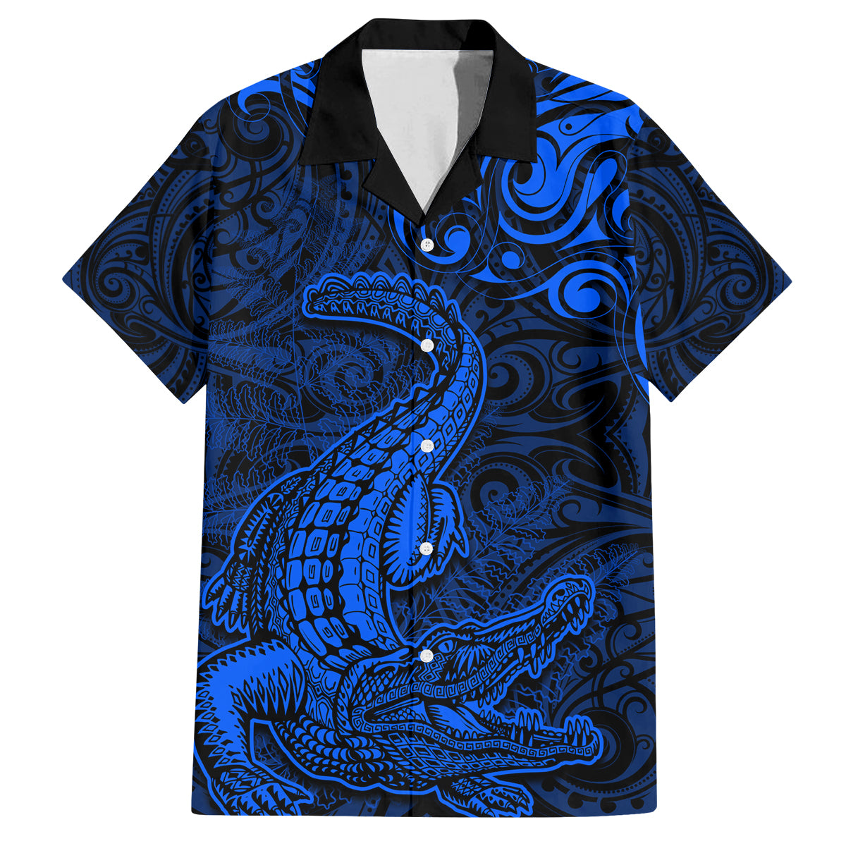 New Zealand Crocodile Tattoo and Fern Family Matching Off Shoulder Short Dress and Hawaiian Shirt Maori Pattern Blue Color LT03 Dad's Shirt - Short Sleeve Blue - Polynesian Pride