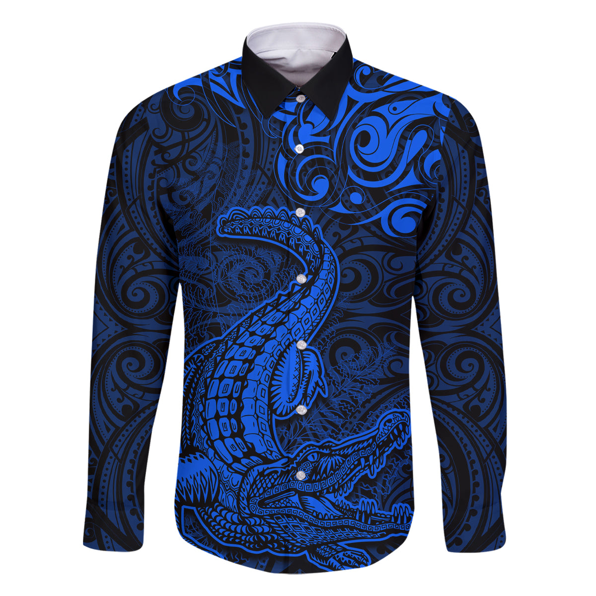 New Zealand Crocodile Tattoo and Fern Family Matching Off Shoulder Short Dress and Hawaiian Shirt Maori Pattern Blue Color LT03 Dad's Shirt - Long Sleeve Blue - Polynesian Pride