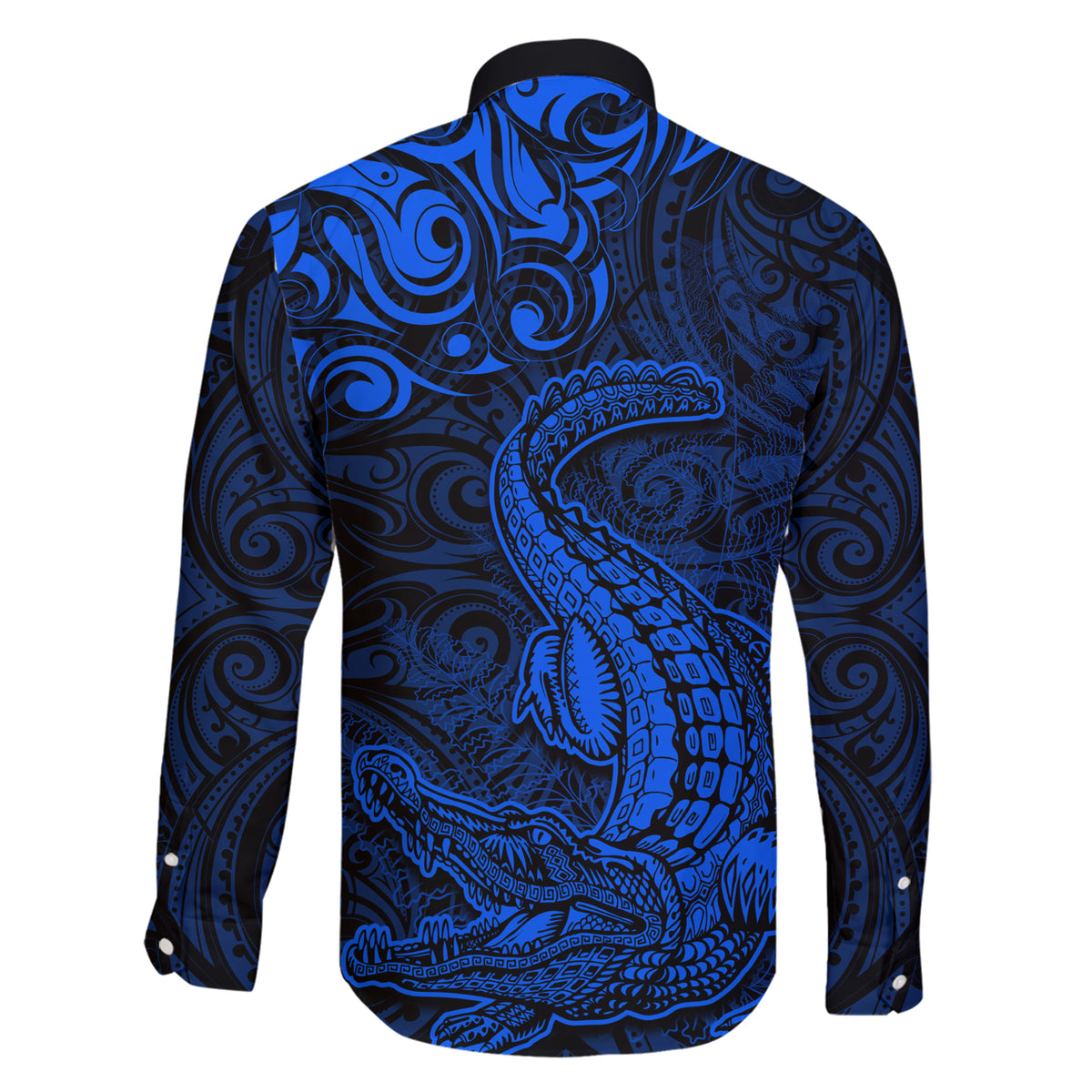 New Zealand Crocodile Tattoo and Fern Family Matching Short Sleeve Bodycon Dress and Hawaiian Shirt Maori Pattern Blue Color LT03 - Polynesian Pride
