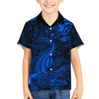 New Zealand Crocodile Tattoo and Fern Family Matching Short Sleeve Bodycon Dress and Hawaiian Shirt Maori Pattern Blue Color LT03 Son's Shirt Blue - Polynesian Pride