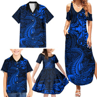 New Zealand Crocodile Tattoo and Fern Family Matching Summer Maxi Dress and Hawaiian Shirt Maori Pattern Blue Color LT03 - Polynesian Pride