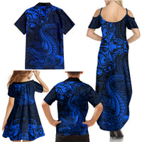 New Zealand Crocodile Tattoo and Fern Family Matching Summer Maxi Dress and Hawaiian Shirt Maori Pattern Blue Color LT03 - Polynesian Pride