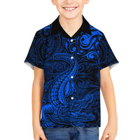 New Zealand Crocodile Tattoo and Fern Family Matching Summer Maxi Dress and Hawaiian Shirt Maori Pattern Blue Color LT03 Son's Shirt Blue - Polynesian Pride