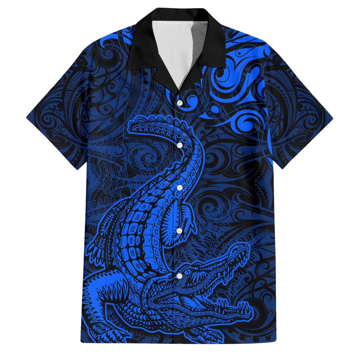 New Zealand Crocodile Tattoo and Fern Hawaiian Shirt Maori Pattern Blue Color LT03 Blue - Polynesian Pride