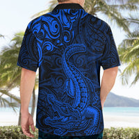 New Zealand Crocodile Tattoo and Fern Hawaiian Shirt Maori Pattern Blue Color LT03 - Polynesian Pride