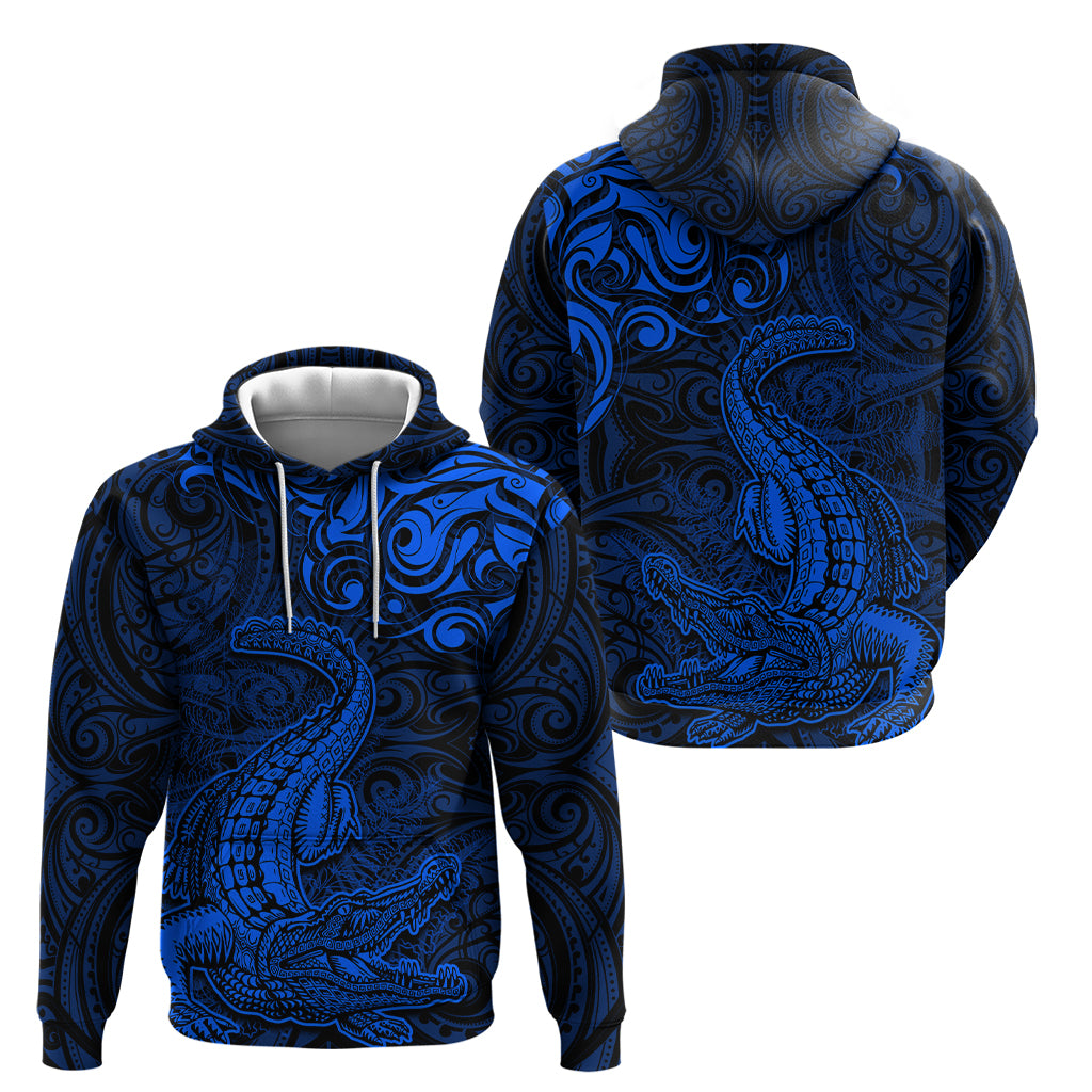 New Zealand Crocodile Tattoo and Fern Hoodie Maori Pattern Blue Color