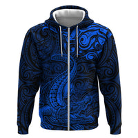 New Zealand Crocodile Tattoo and Fern Hoodie Maori Pattern Blue Color