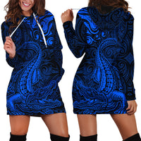 New Zealand Crocodile Tattoo and Fern Hoodie Dress Maori Pattern Blue Color
