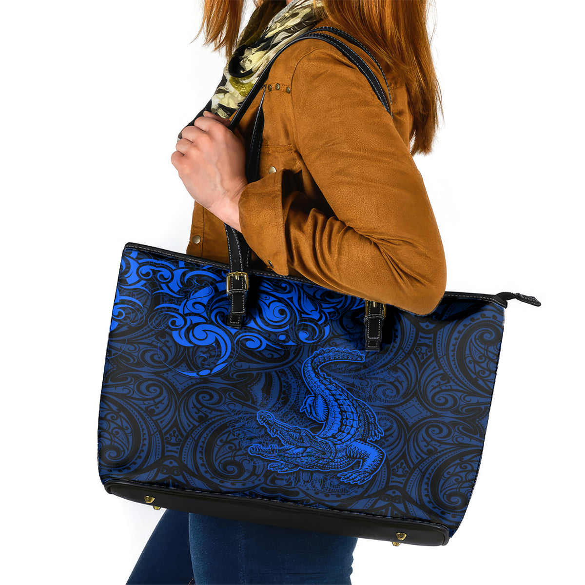 New Zealand Crocodile Tattoo and Fern Leather Tote Bag Maori Pattern Blue Color LT03 Blue - Polynesian Pride