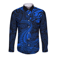 New Zealand Crocodile Tattoo and Fern Long Sleeve Button Shirt Maori Pattern Blue Color