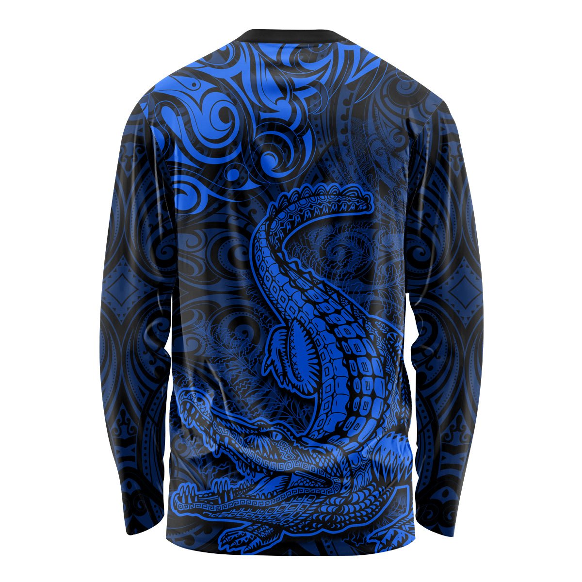 New Zealand Crocodile Tattoo and Fern Long Sleeve Shirt Maori Pattern Blue Color