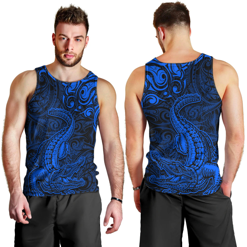 New Zealand Crocodile Tattoo and Fern Men Tank Top Maori Pattern Blue Color LT03 - Polynesian Pride