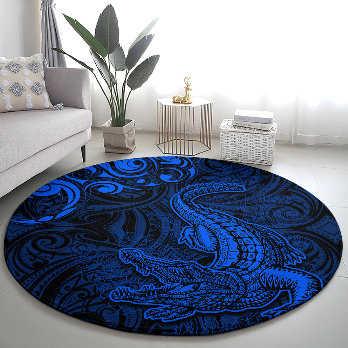 New Zealand Crocodile Tattoo and Fern Round Carpet Maori Pattern Blue Color