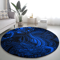 New Zealand Crocodile Tattoo and Fern Round Carpet Maori Pattern Blue Color