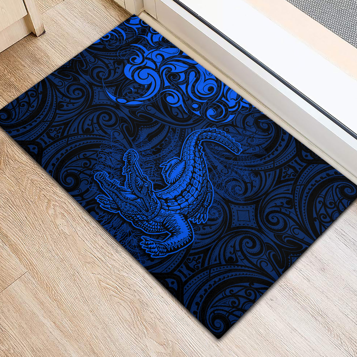 New Zealand Crocodile Tattoo and Fern Rubber Doormat Maori Pattern Blue Color