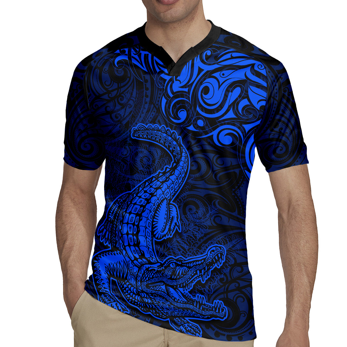 New Zealand Crocodile Tattoo and Fern Rugby Jersey Maori Pattern Blue Color