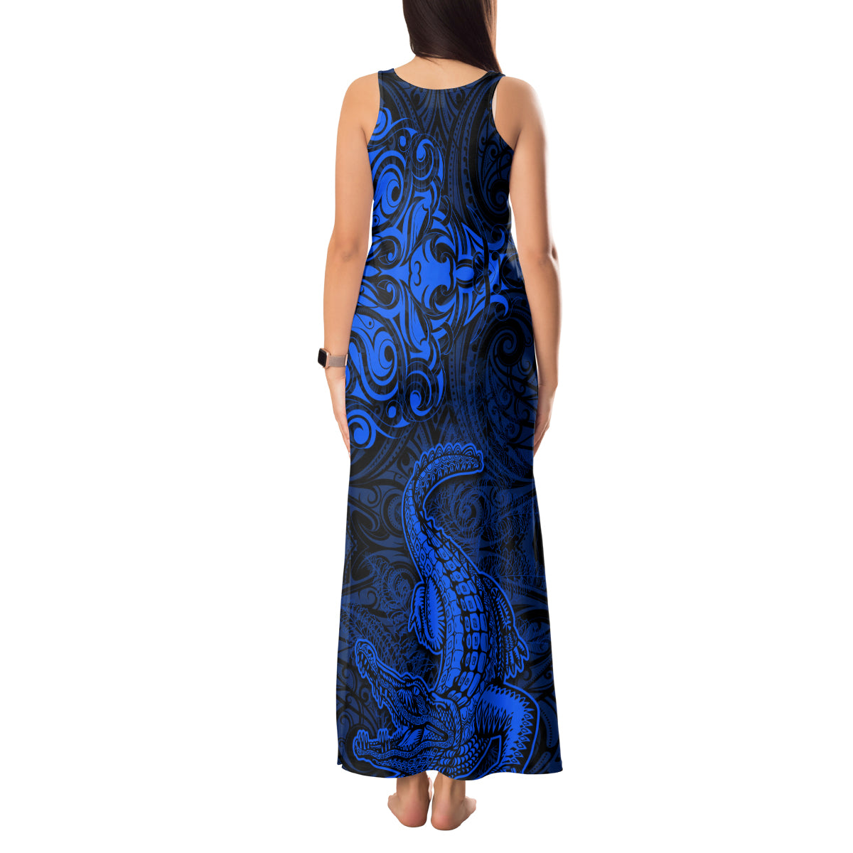 New Zealand Crocodile Tattoo and Fern Tank Maxi Dress Maori Pattern Blue Color