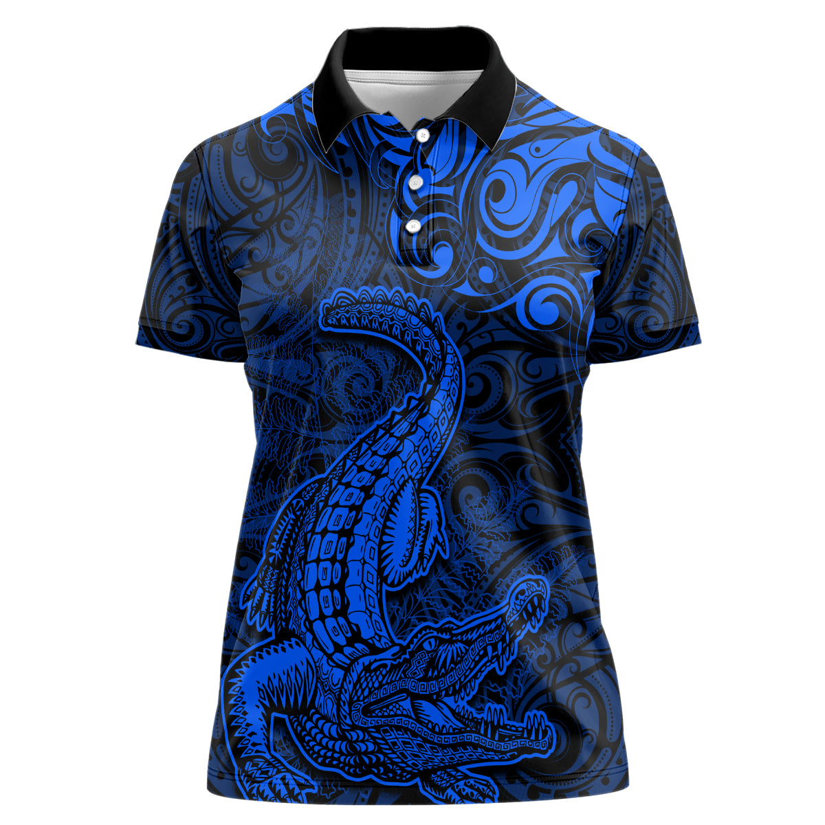 New Zealand Crocodile Tattoo and Fern Women Polo Shirt Maori Pattern Blue Color